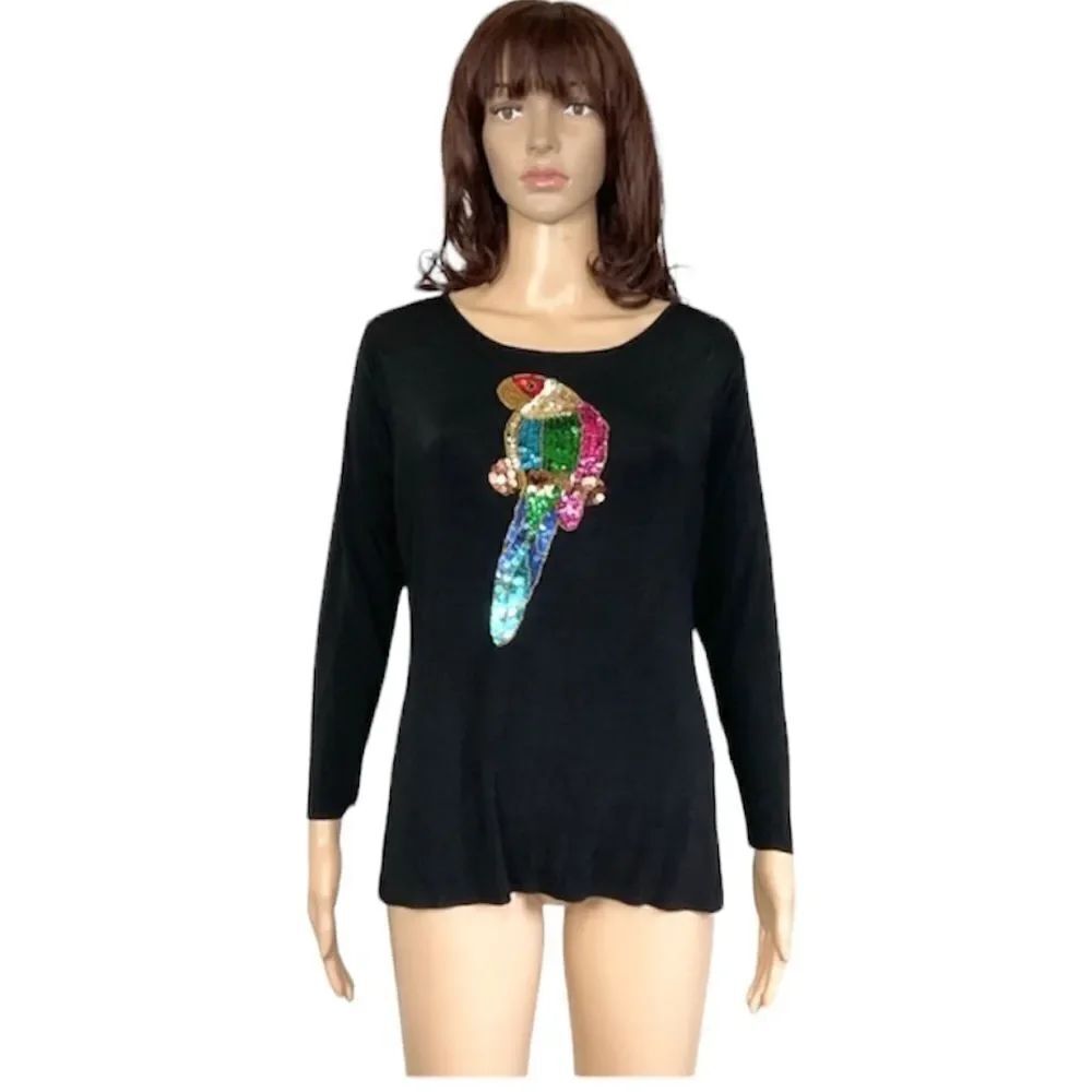 Sweaterworks Vintage Black Rayon Knit Sequin Multicolor Parrot Sweater X-Large